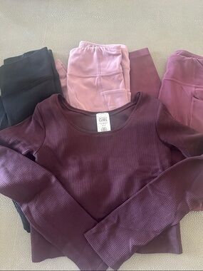 Athleta Girl Ribbed Long Sleeve Top in Plum with 3 pairs of Athleta leggings